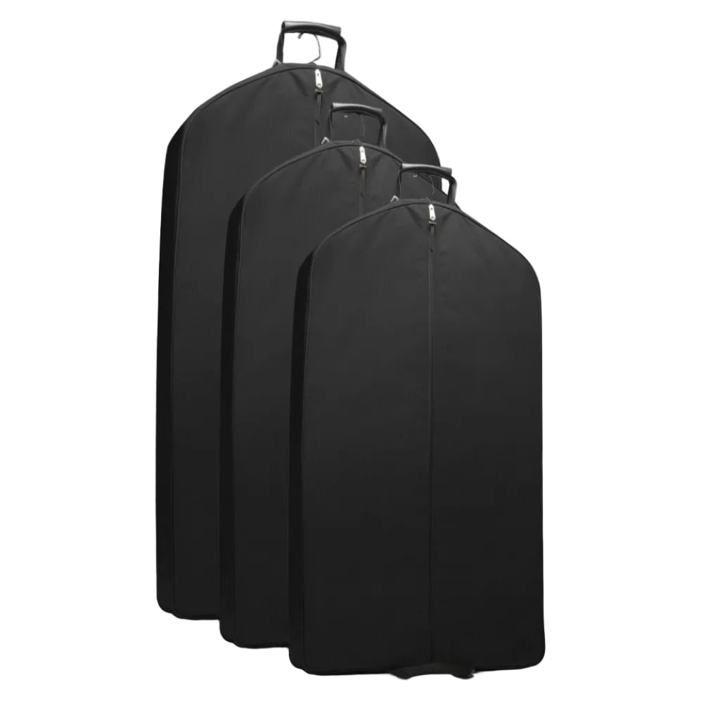 Three black garment bags of different sizes on a white background