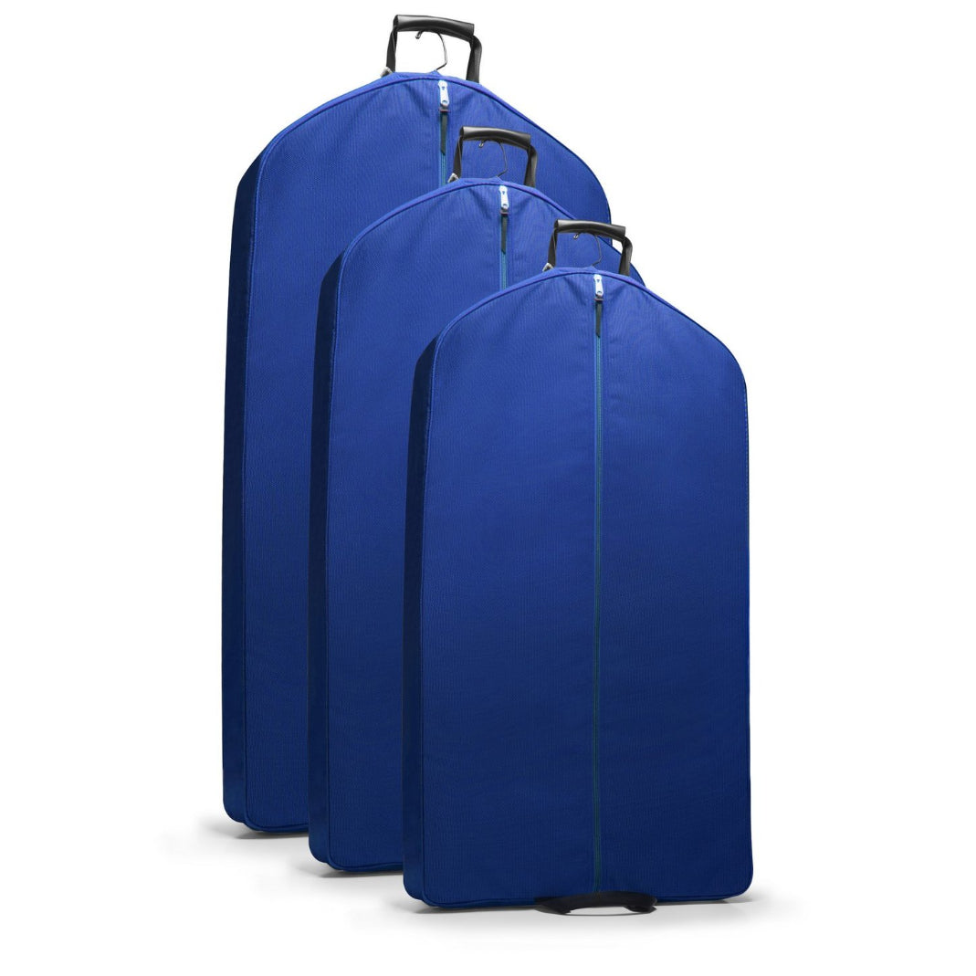Three blue garment bags of different sizes on a white background