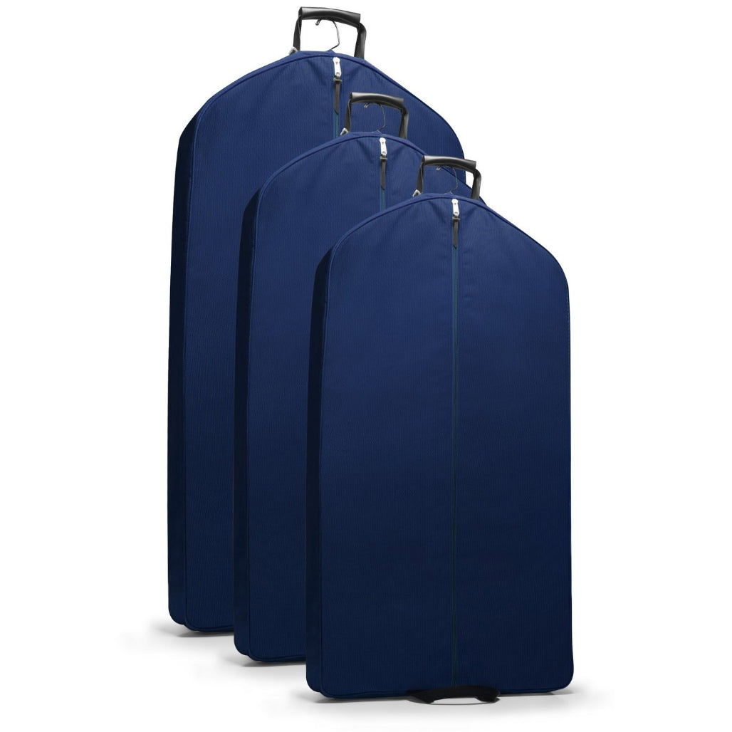 Three navy blue garment bags of different sizes on a white background