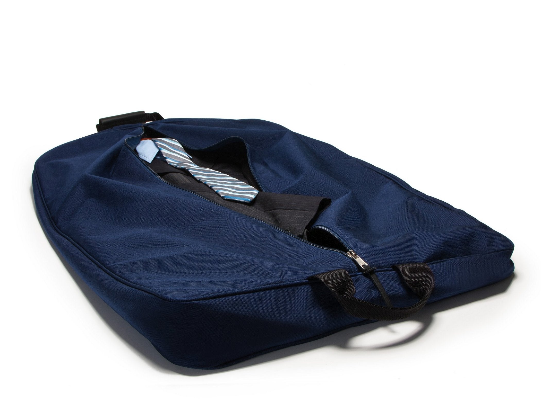 Blue garment bag with a jacket and striped tie inside on a white background
