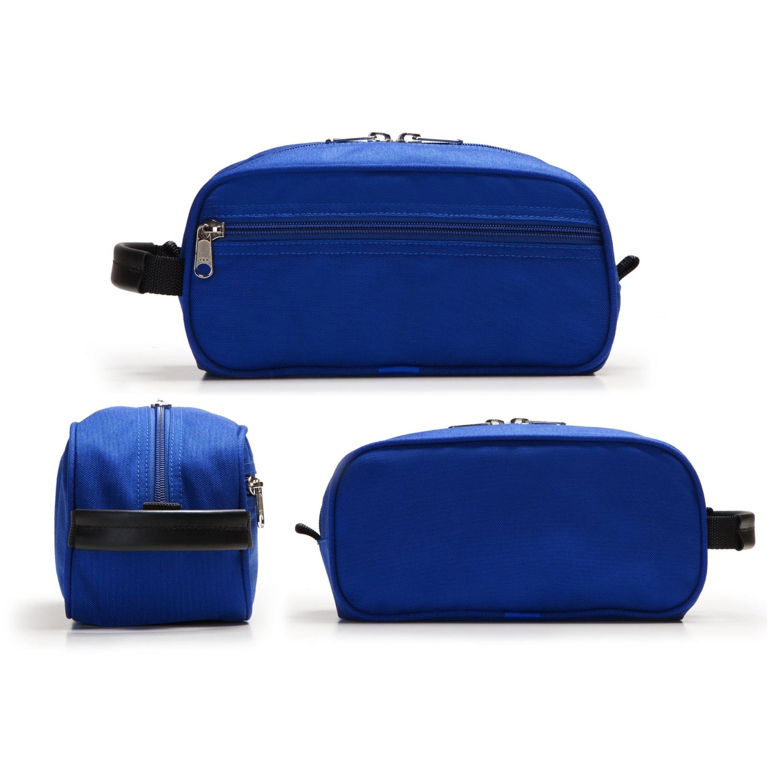 Three blue toiletry bags shown from different angles on a white background