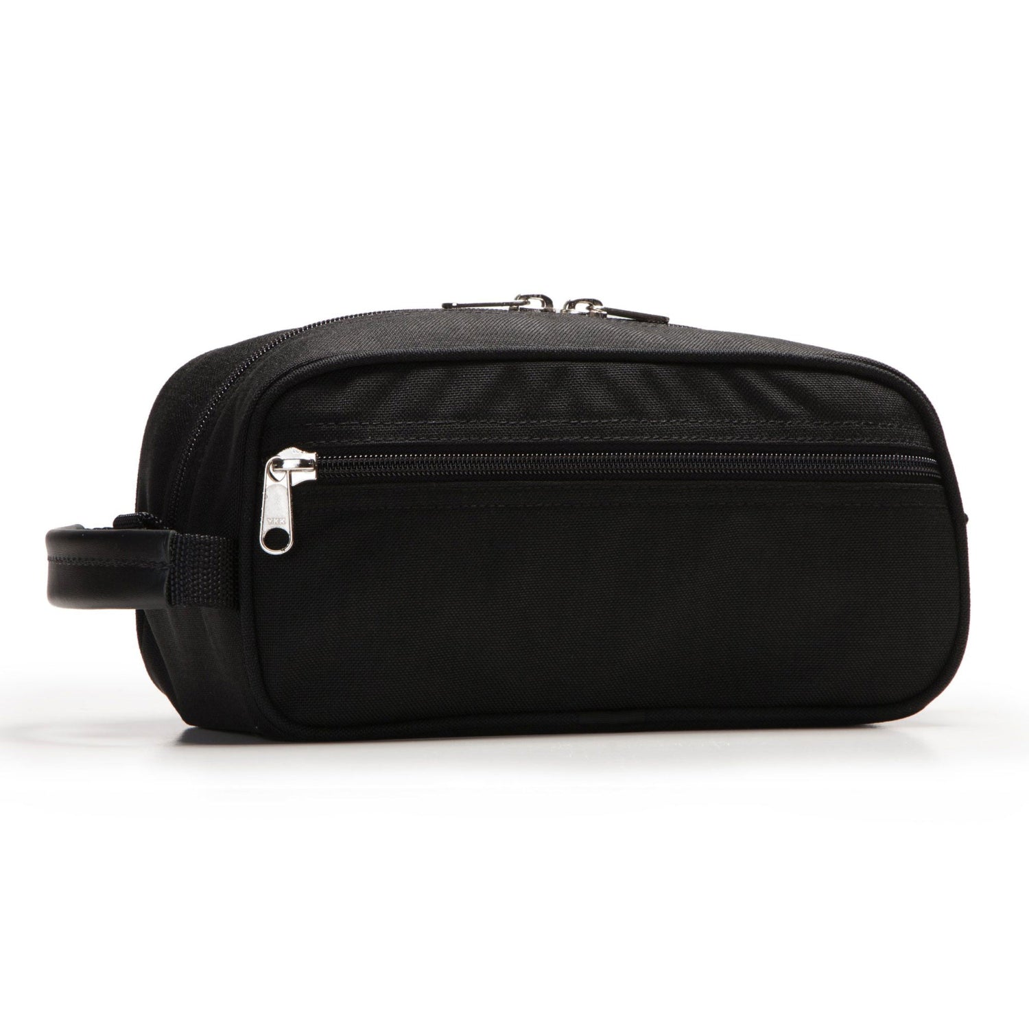 Black toiletry bag with zippers on a white background