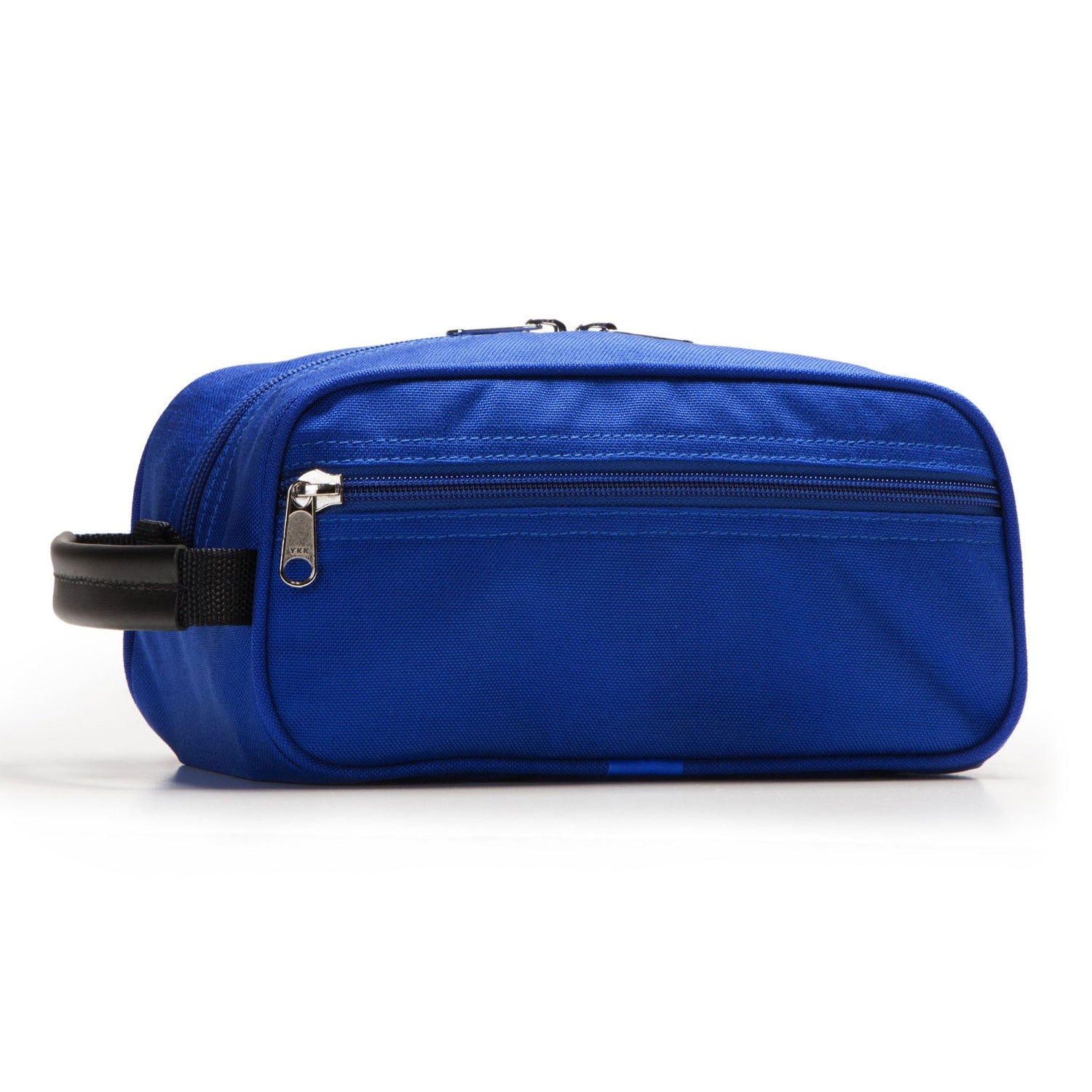 Blue toiletry bag with a black handle on a white background