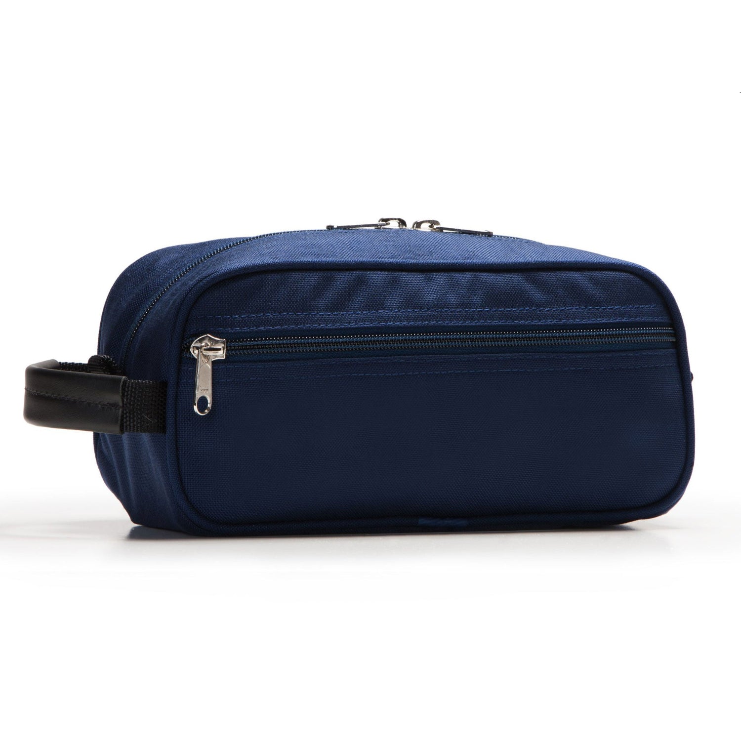 Navy toiletry bag with zippers on a white background