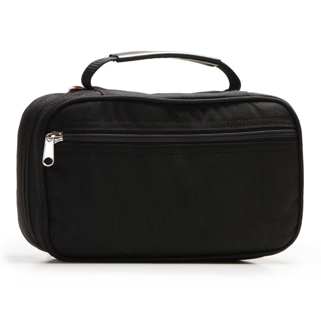 Black toiletry bag with a handle on a white background