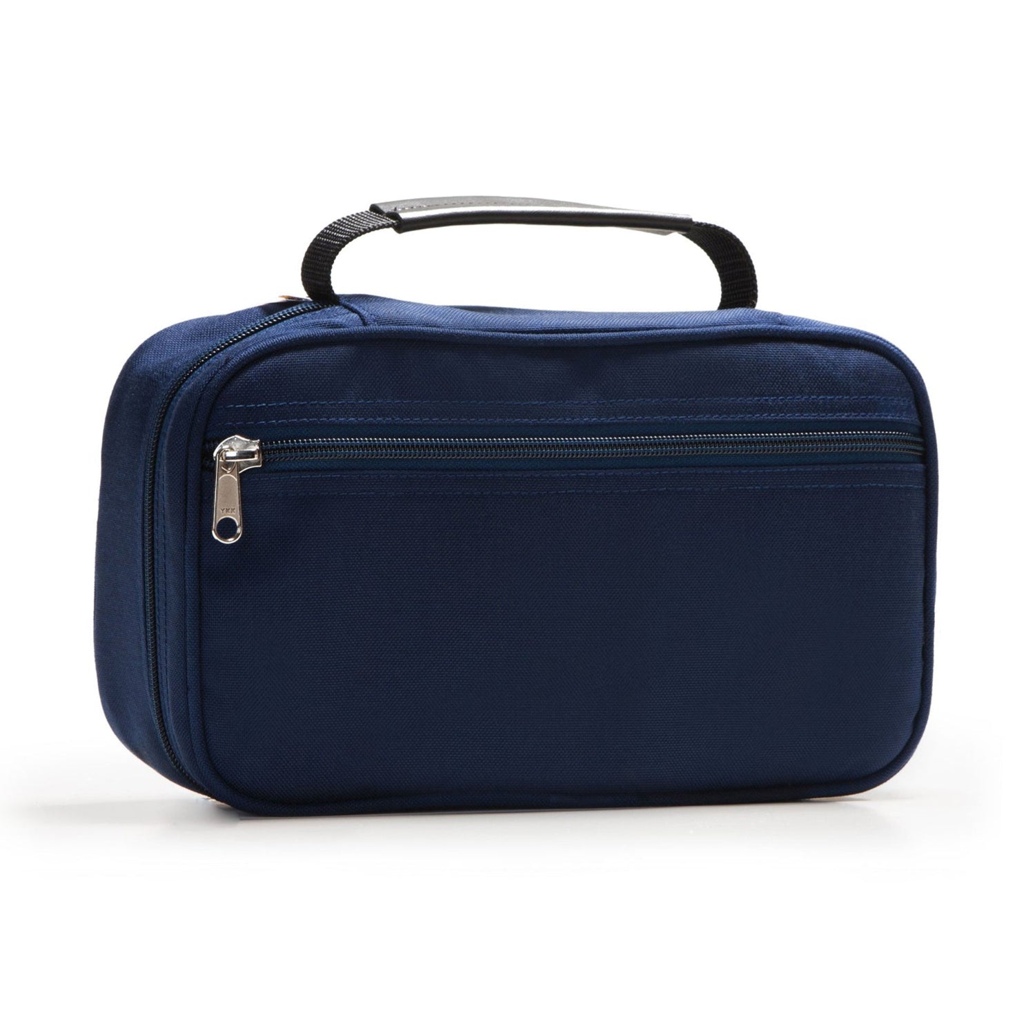 Navy blue toiletry bag with a handle on a white background
