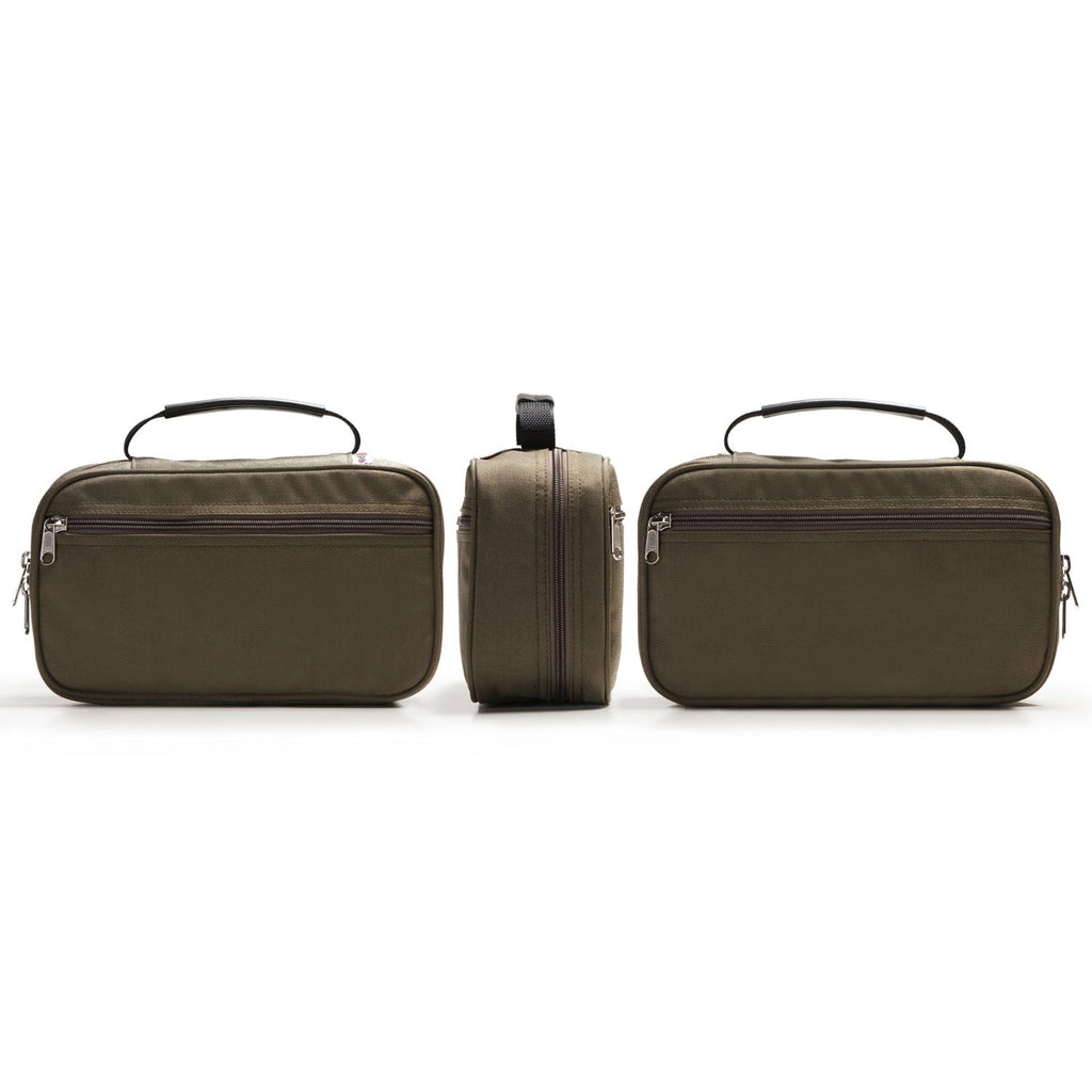 Three olive green toiletry bags of different sizes on a white background