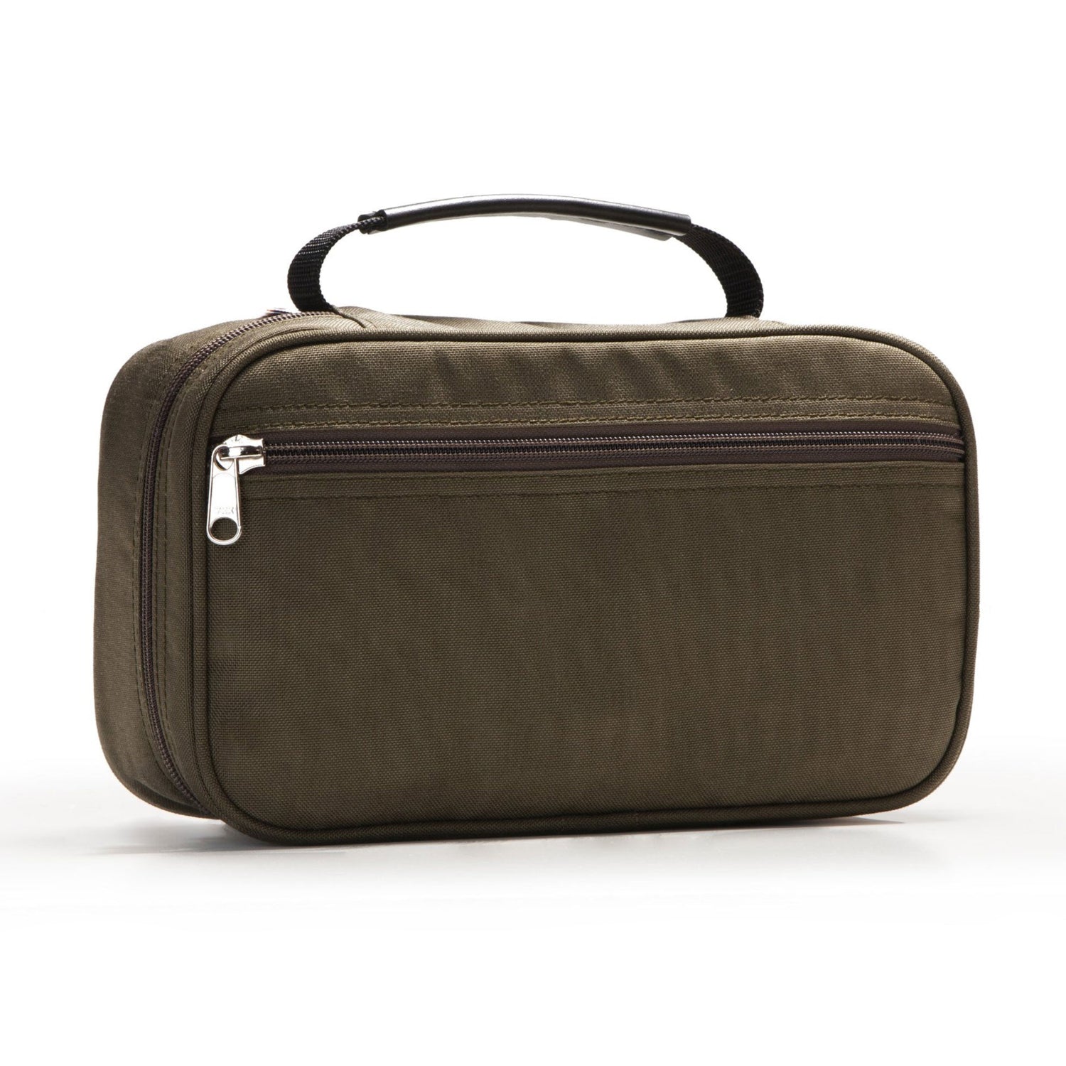 Brown toiletry bag with a handle on a white background