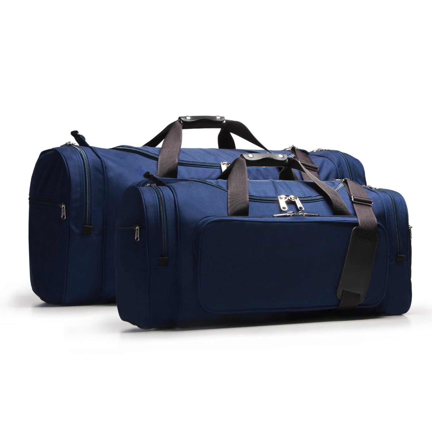 Three navy duffel bags with black straps on a white background