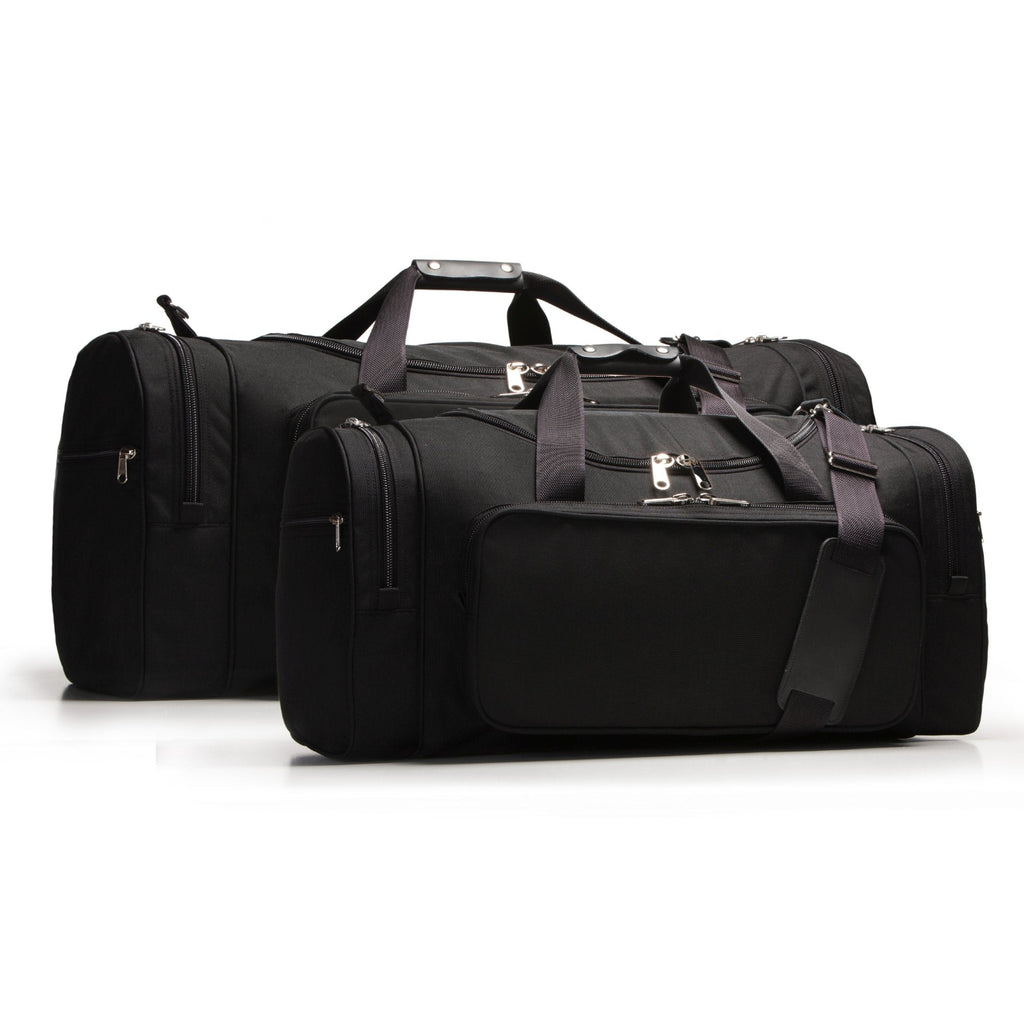 Three black duffel bags of varying sizes on a white background