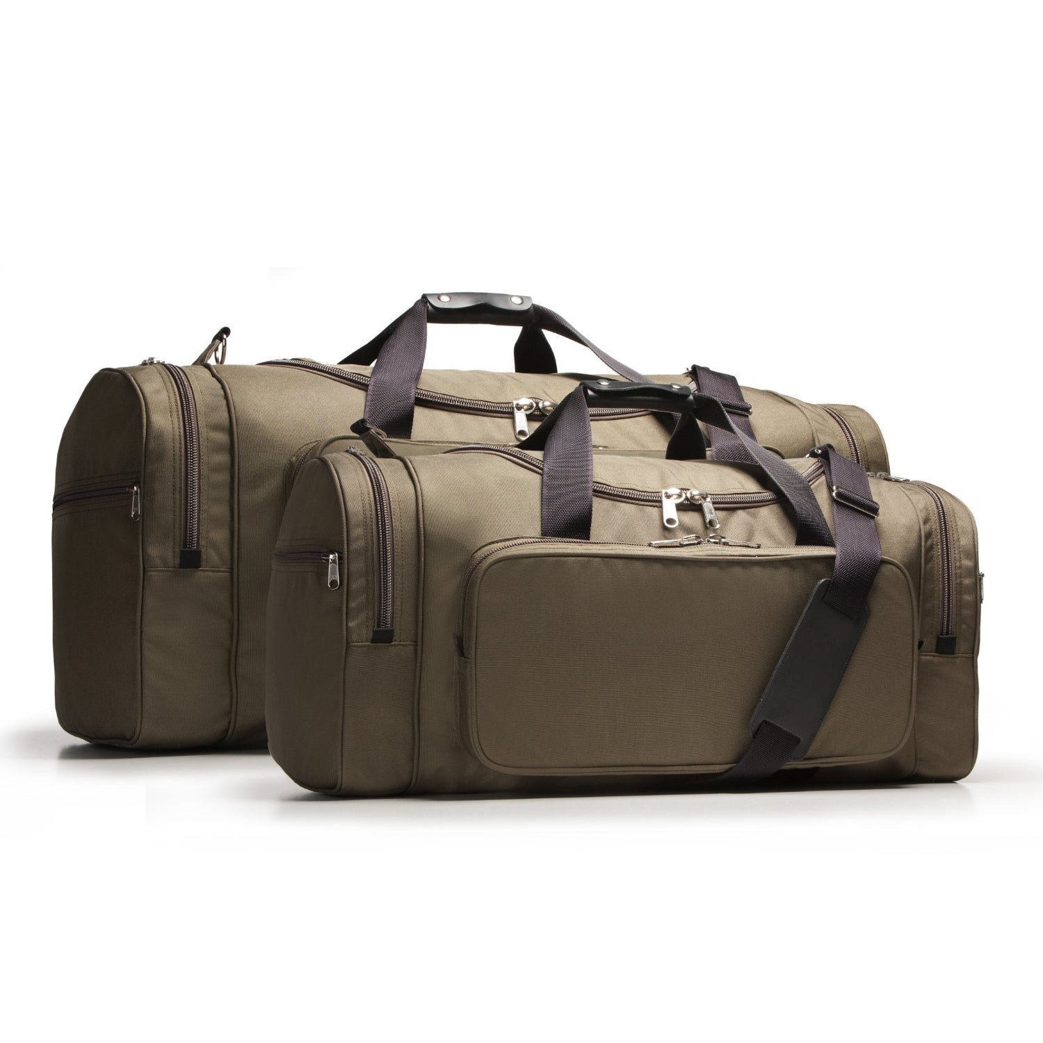 Two brown duffel bags with black straps on a white background
