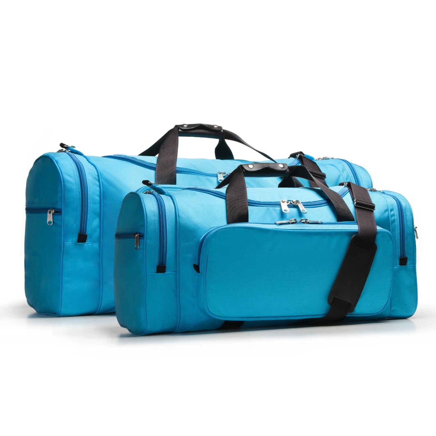 Set of blue duffel bags with black straps on a white background