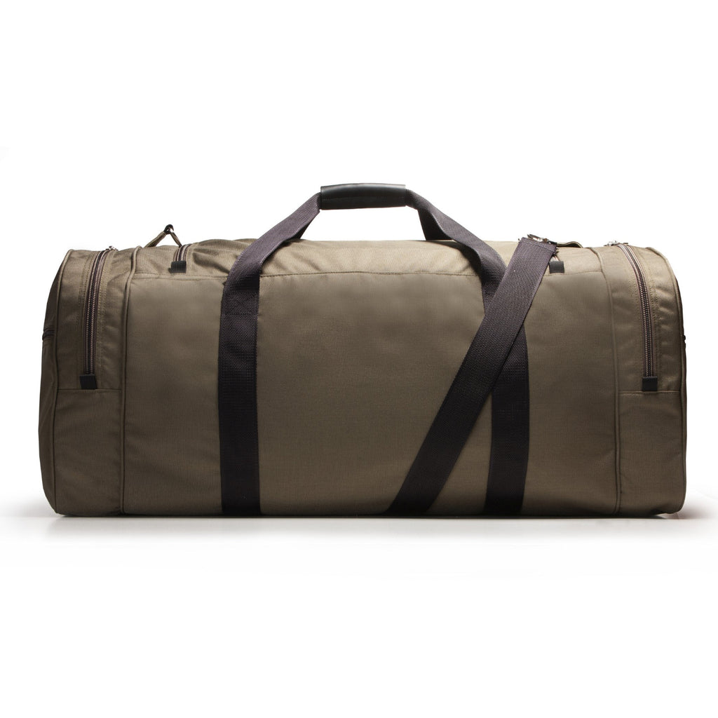 Khaki duffel bag with black straps on a white background