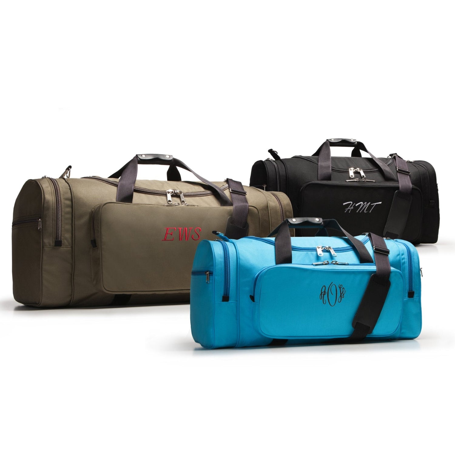 Three duffel bags in blue, brown, and black on a white background