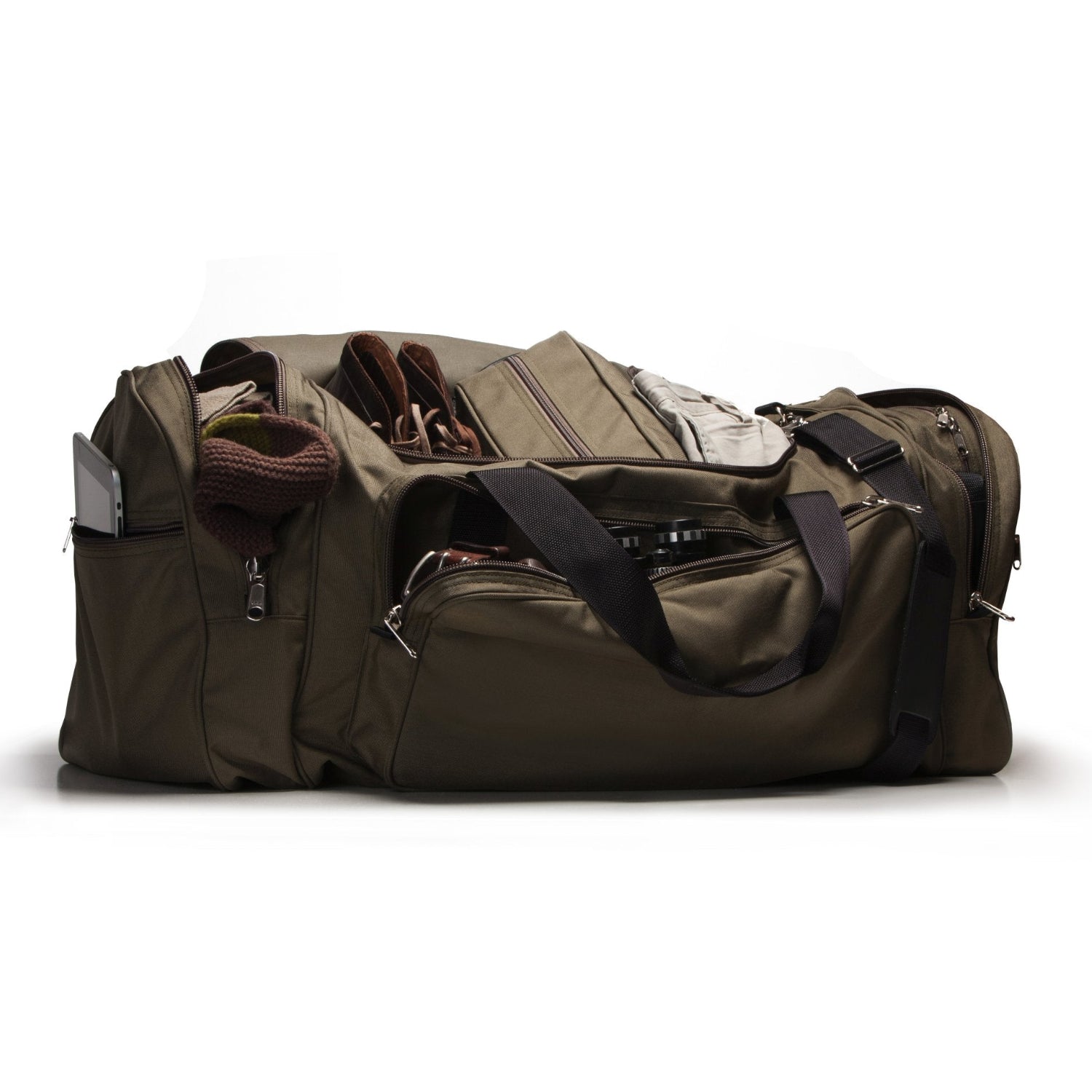 Brown duffel bag with various items on a white background