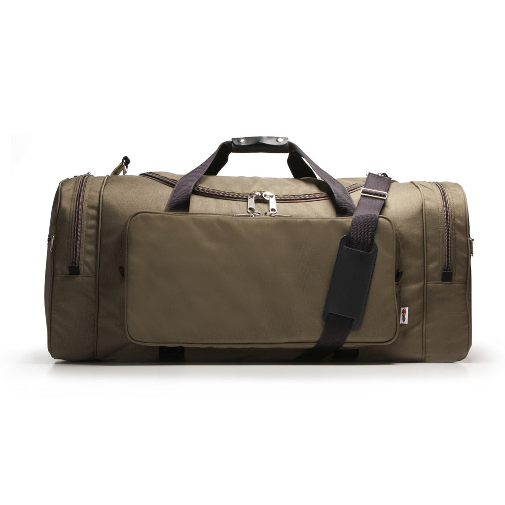 Green duffel bag with black straps on a white background