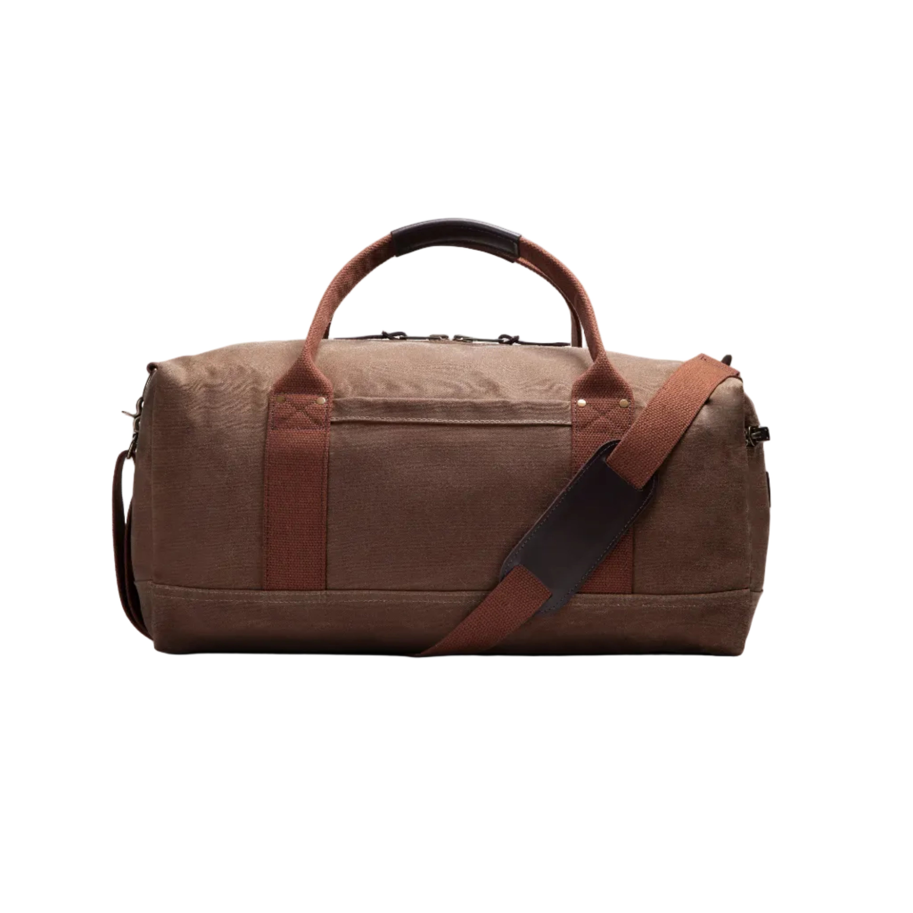 Brown duffel bag with leather straps on a white background
