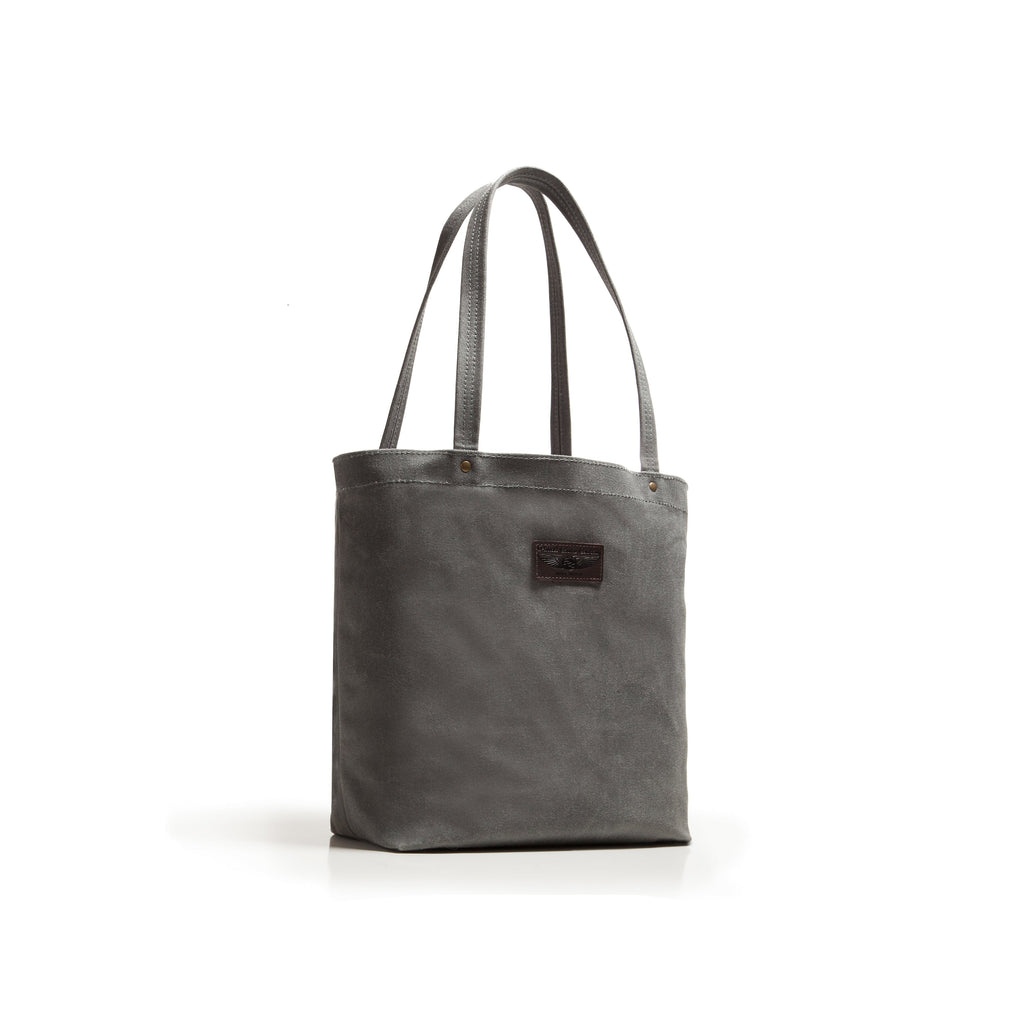 Gray tote bag with a visible brand logo on a white background