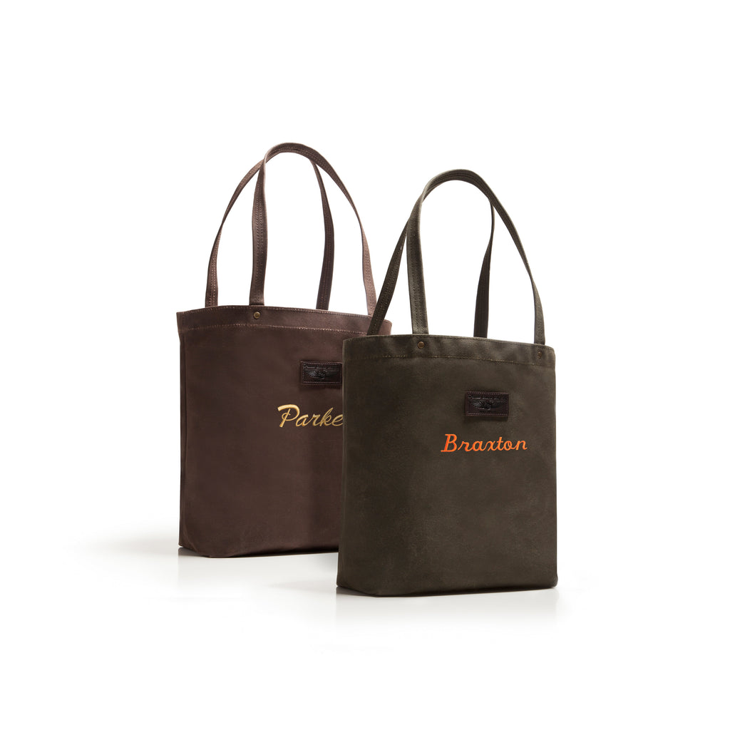 Two brown tote bags with 'Parke' and 'Brazton' branding on a white background