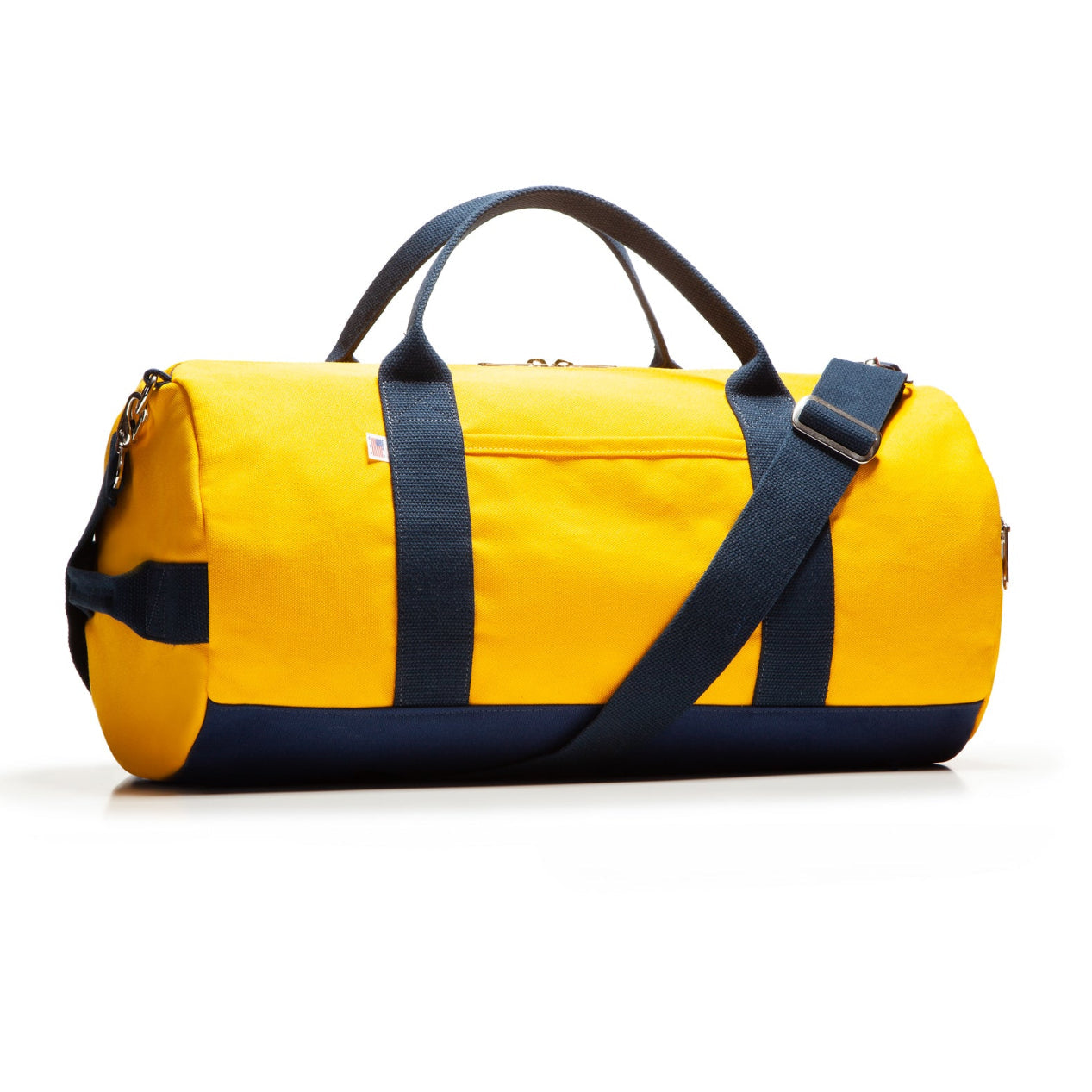 Yellow duffel bag with navy straps on a white background