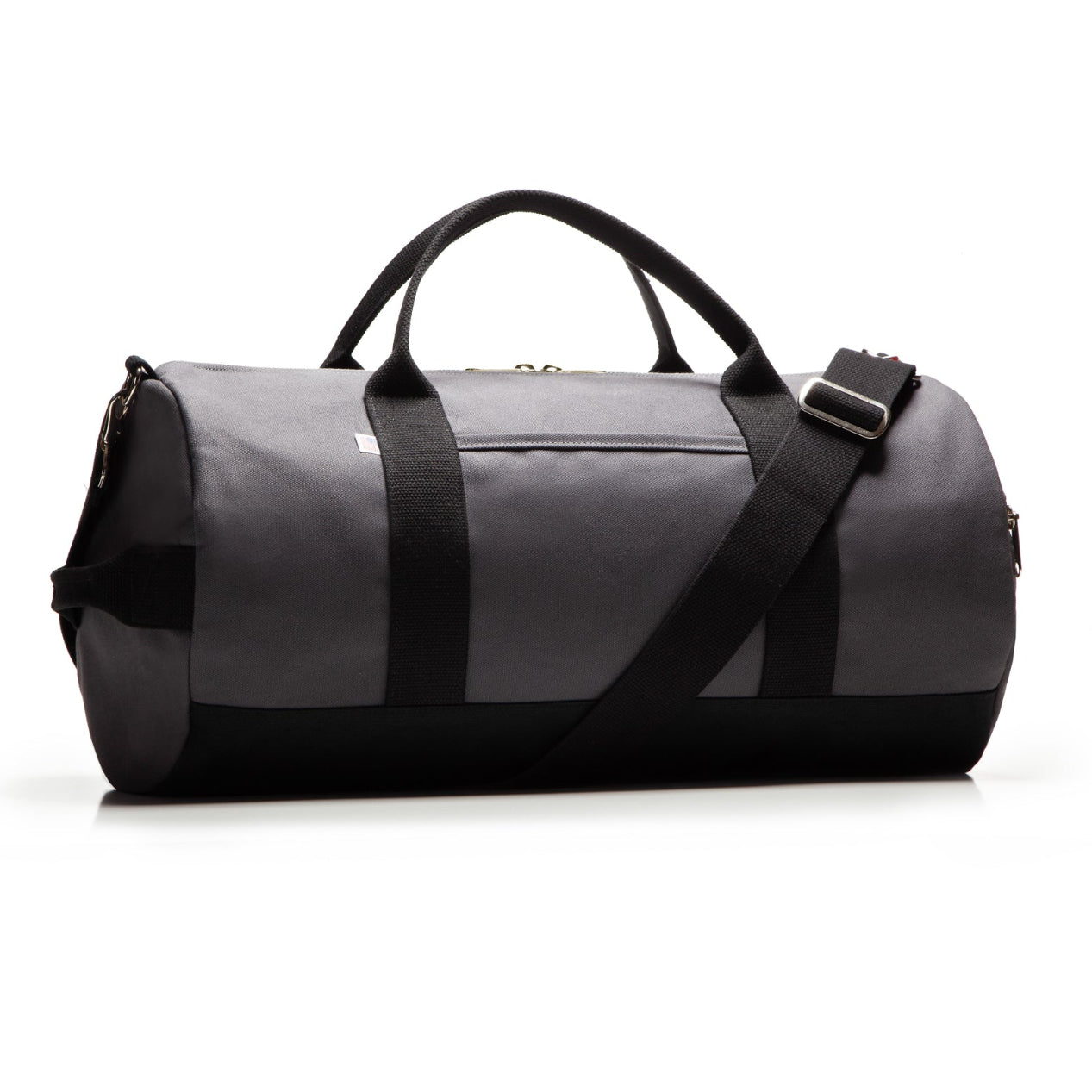 Gray duffel bag with a strap on a white background