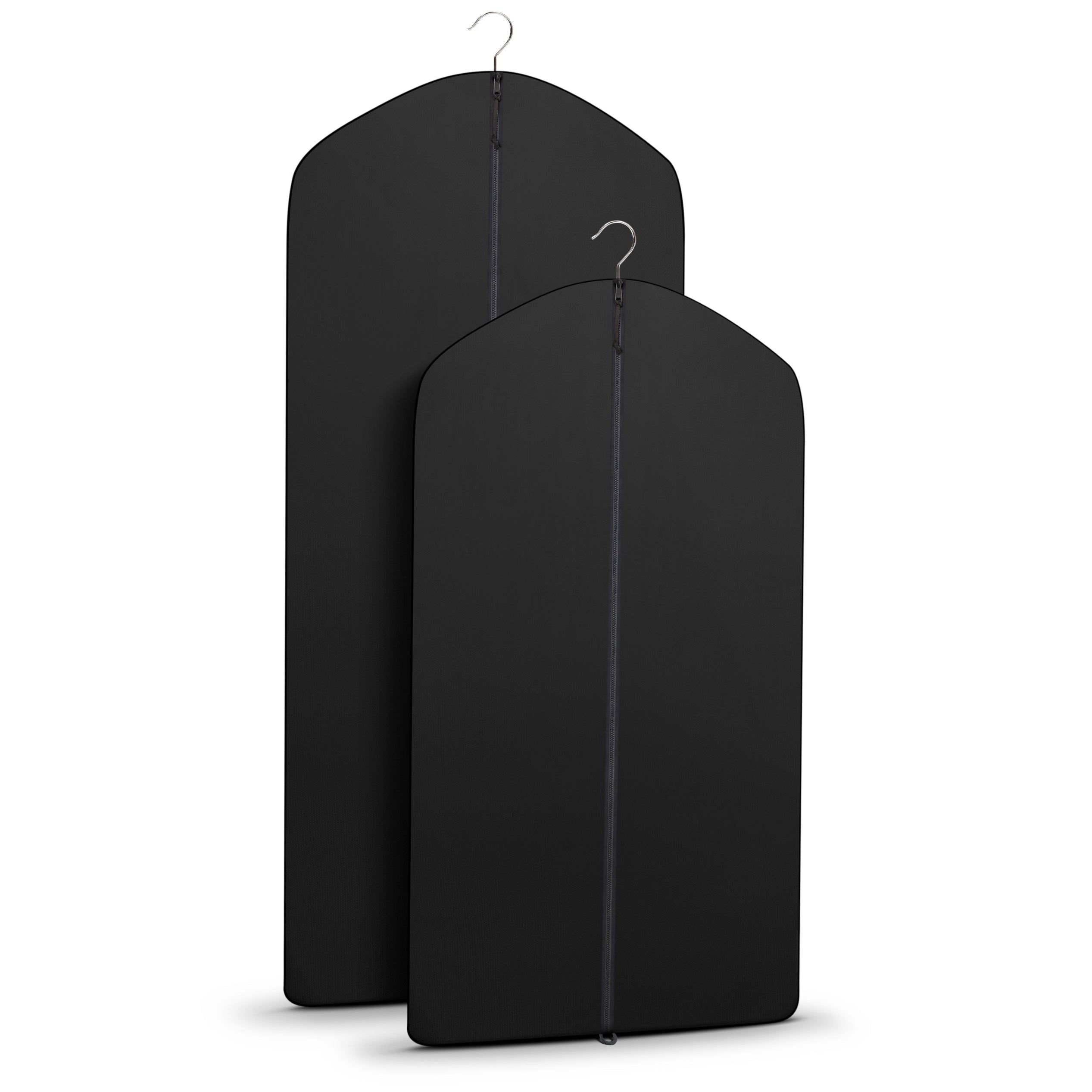 Two black garment bags with hangers on a white background