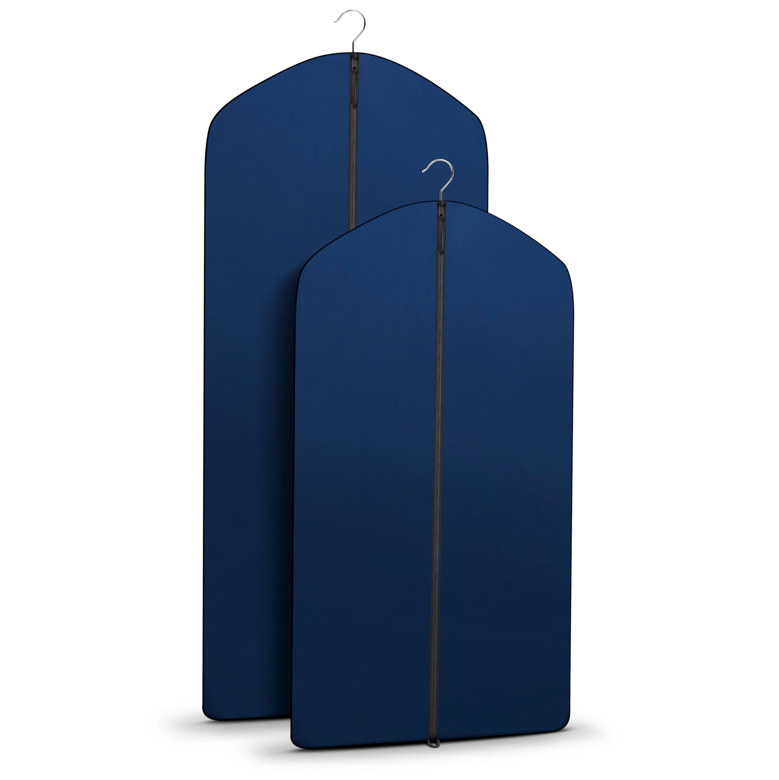 Two navy blue garment bags with hangers on a white background