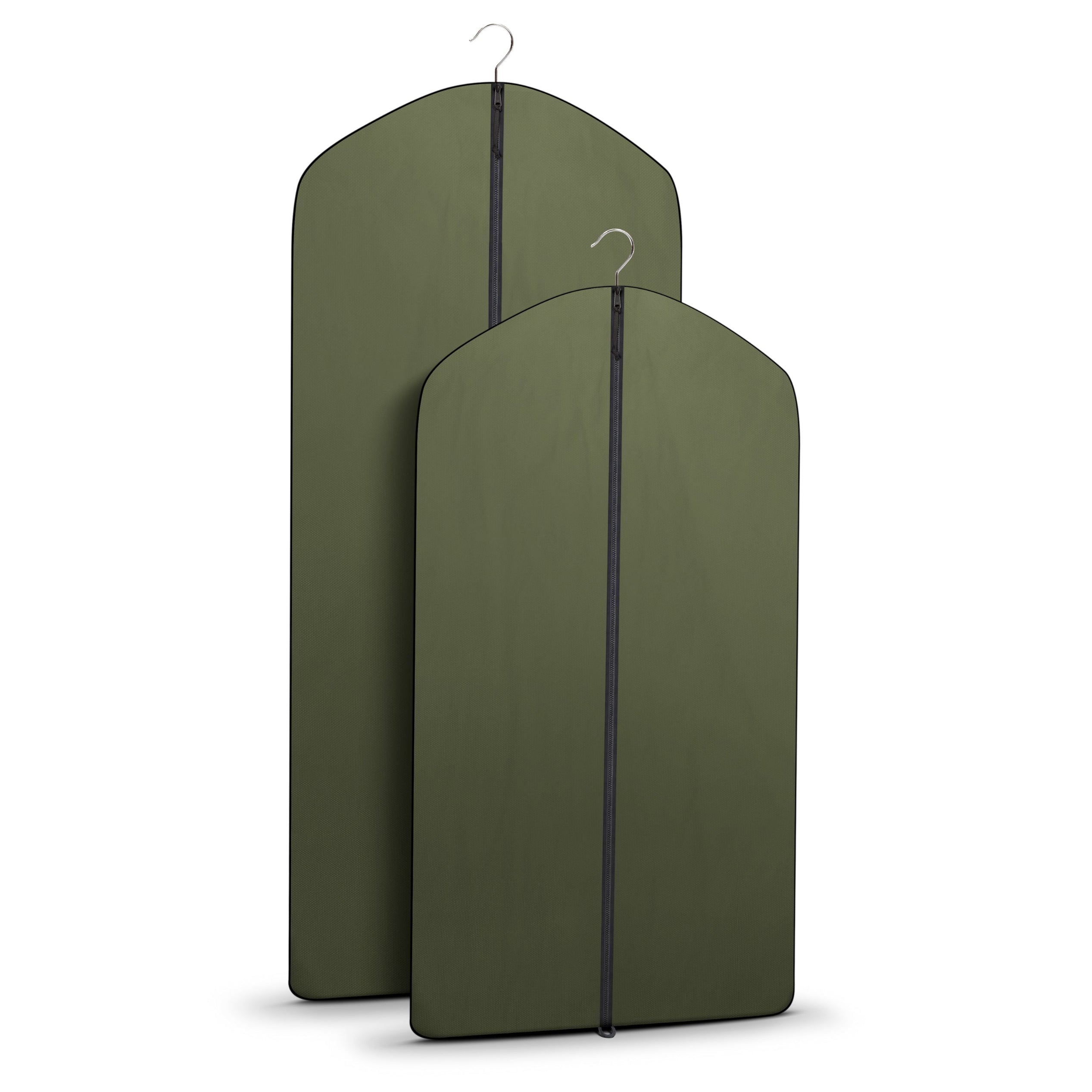 Two green garment bags on a white background