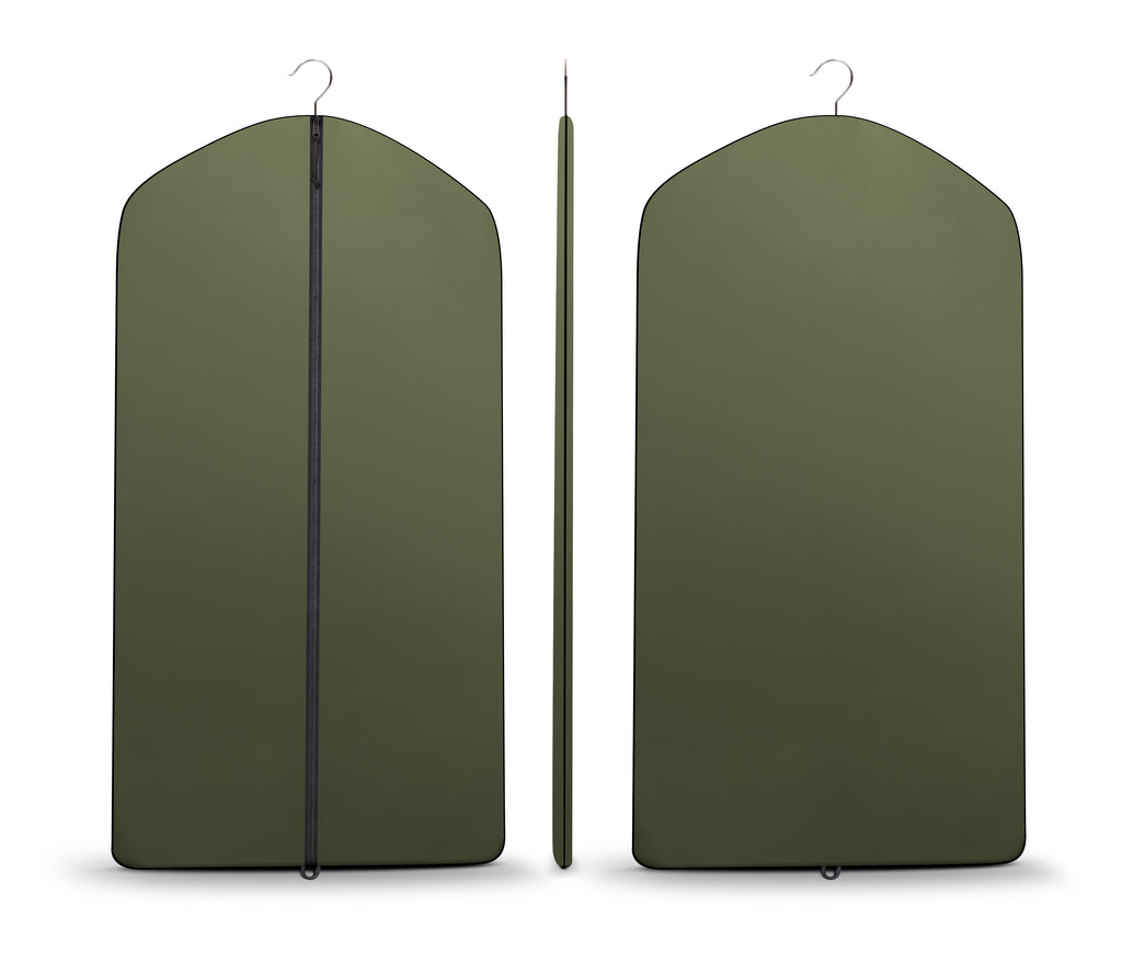 Green garment bag with a black strap on a white background
