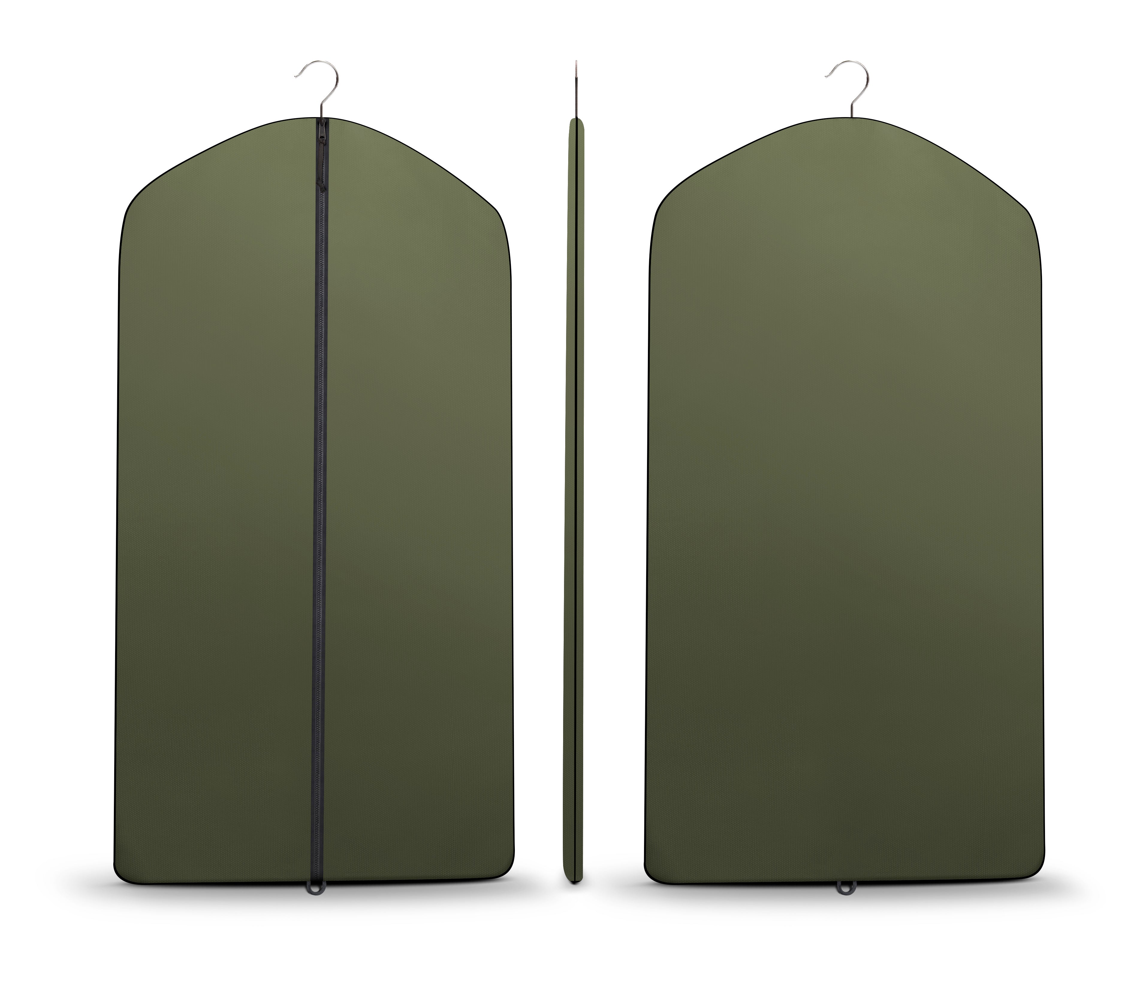 Green garment bag with a black strap on a white background