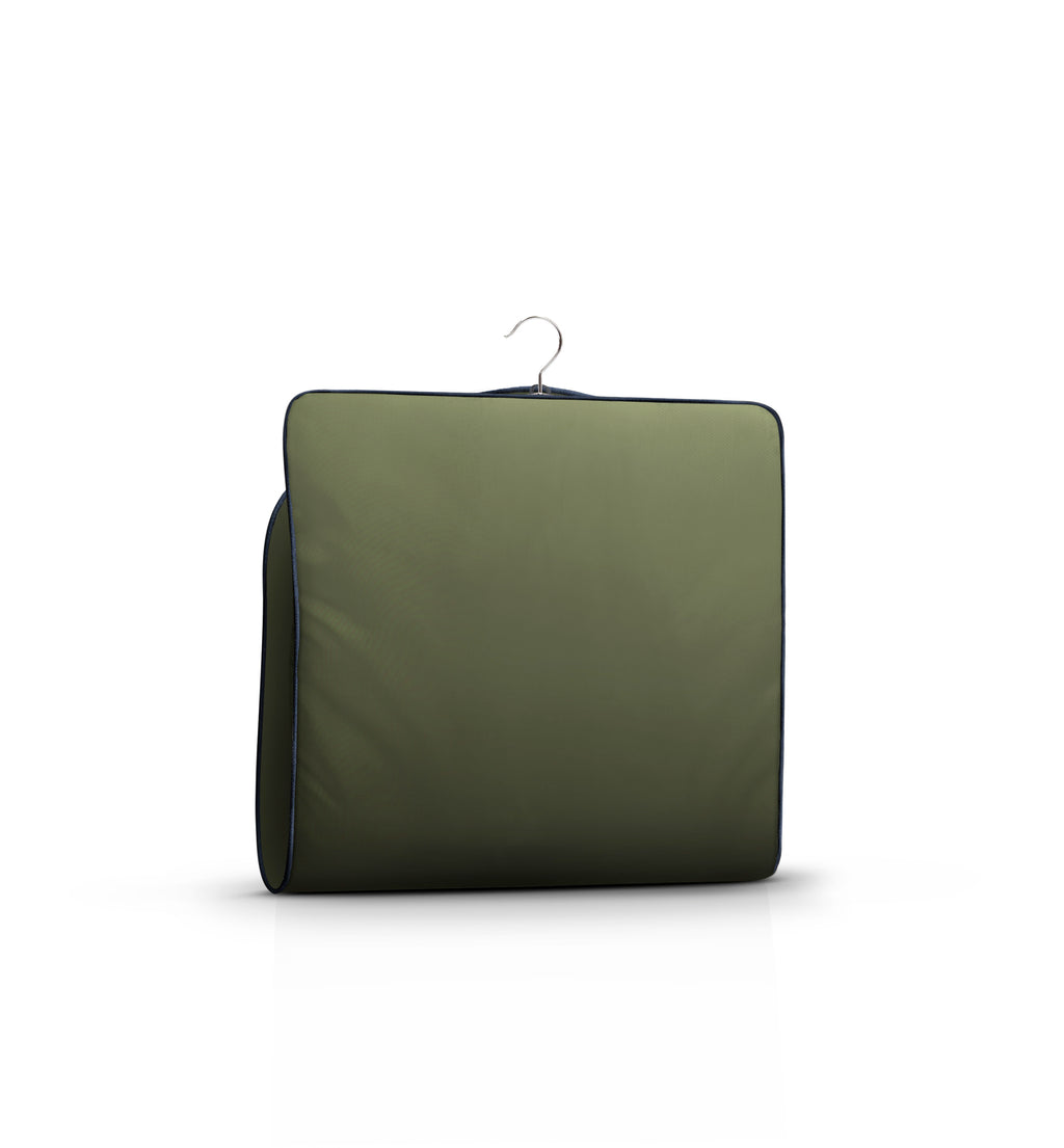 Green garment bag with a hanger on a white background
