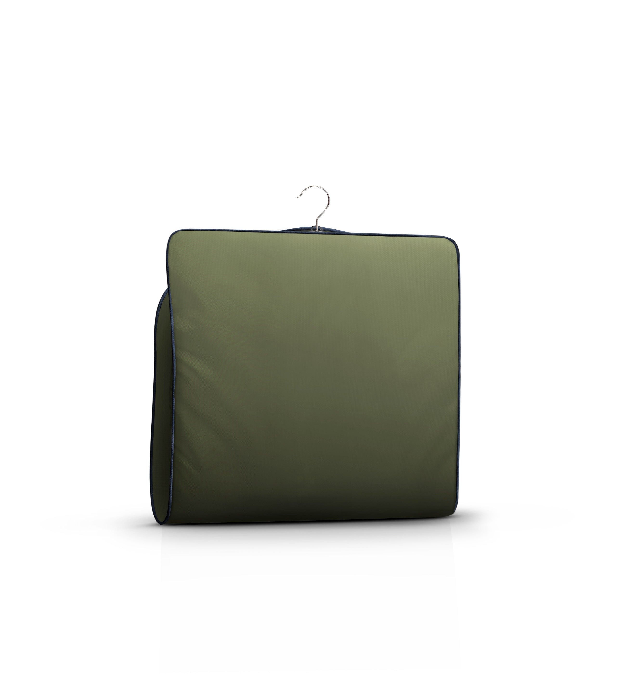 Green garment bag with a hanger on a white background