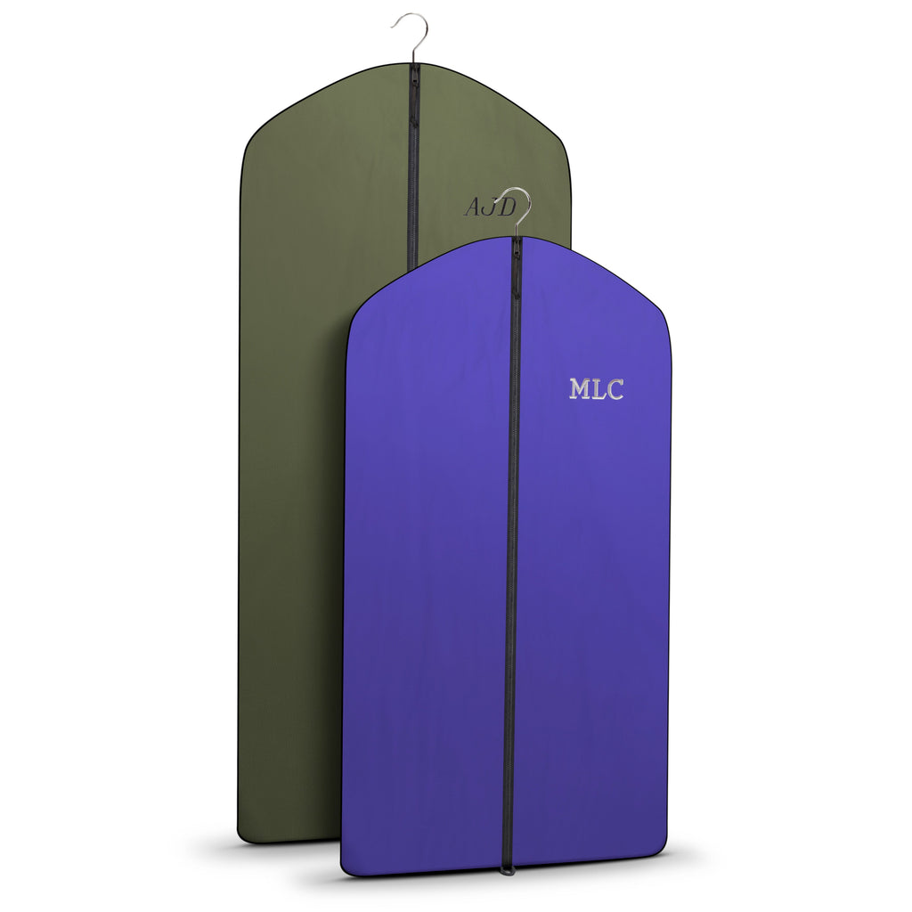 Purple garment bag with 'MLC' branding on a white background