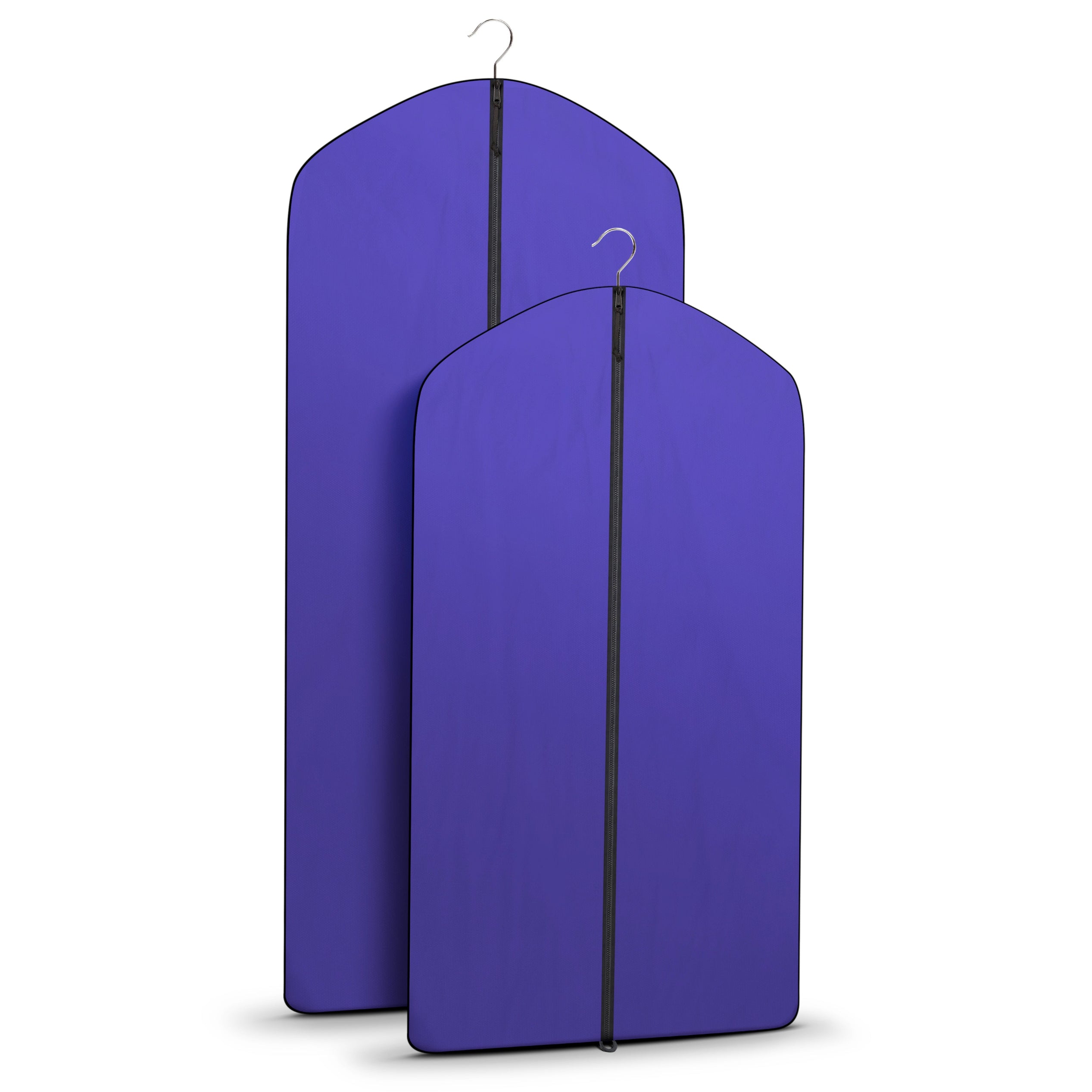 Two purple garment bags with hangers on a white background
