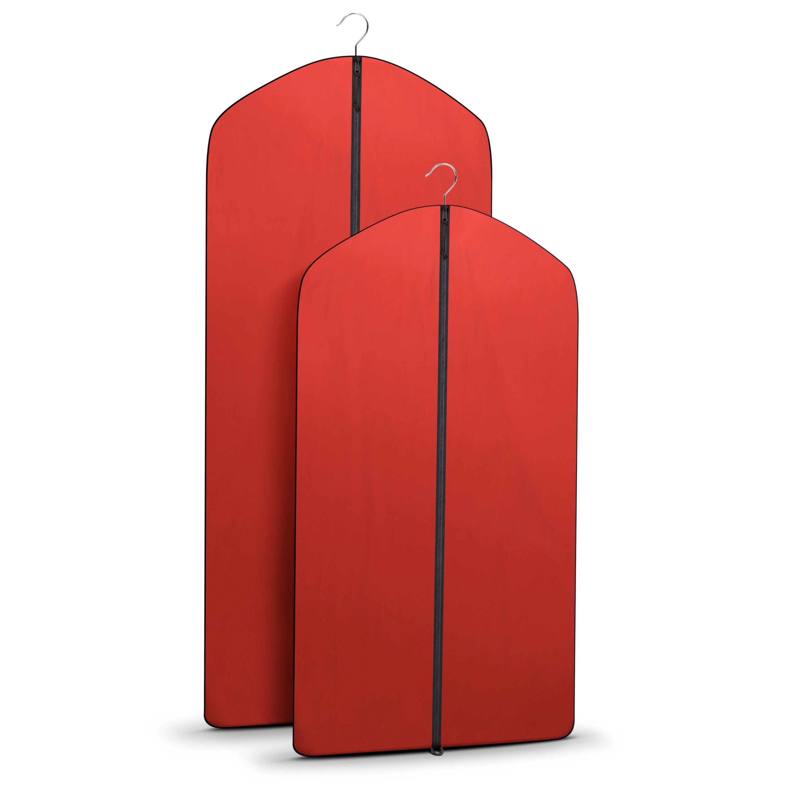 Two red garment bags with black straps on a white background