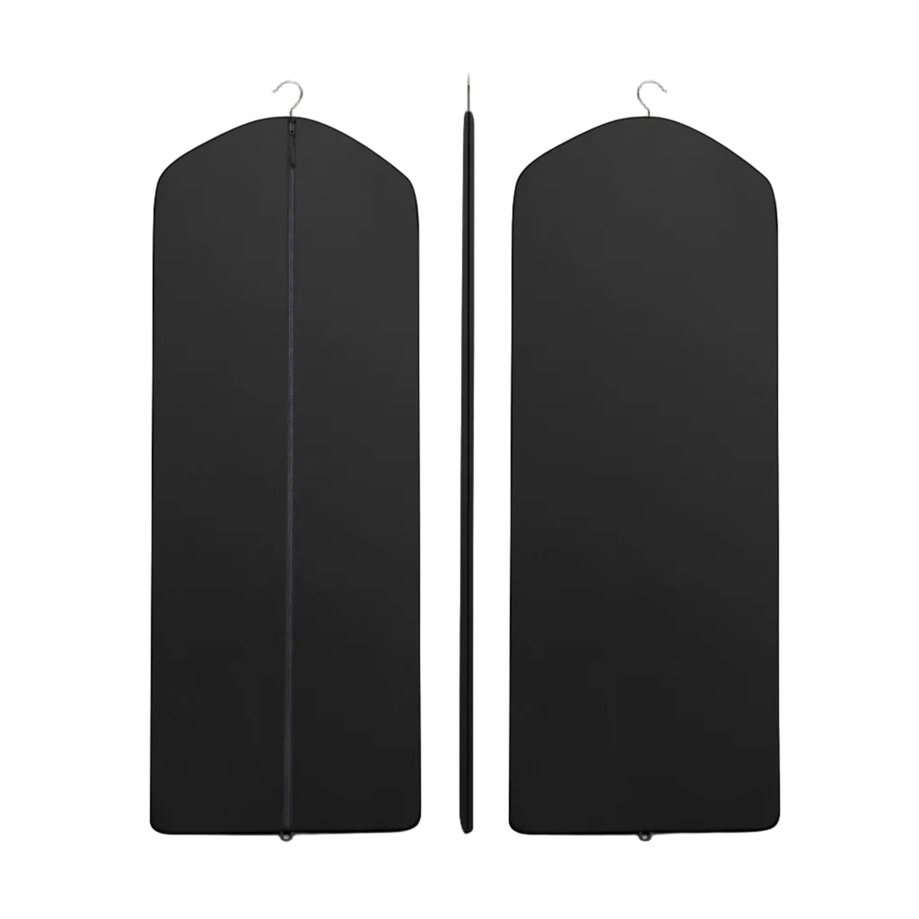 Black garment bag with a central rod on a white background