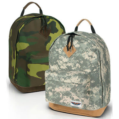 Two camouflage-patterned backpacks on a white background