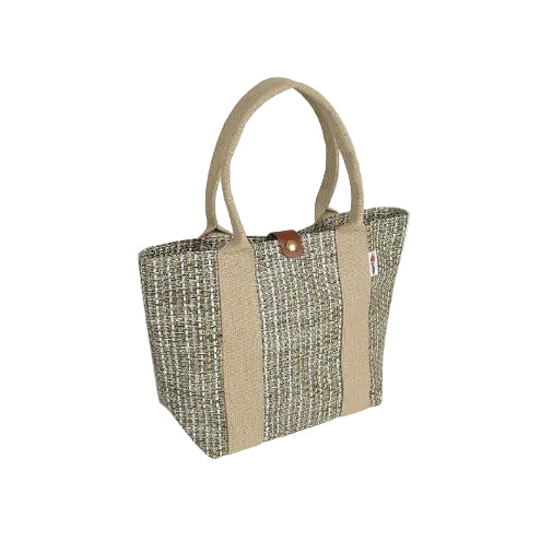Woven tote bag with beige handle and strap on a white background