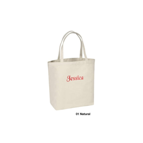 Beige tote bag with 'Jessica' embroidered in red on a white background