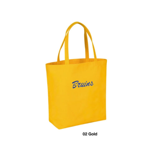 Yellow tote bag with 'Bruins' text on a white background