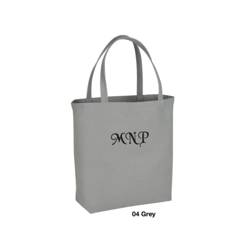 Gray tote bag with 'MNP' monogram on a white background