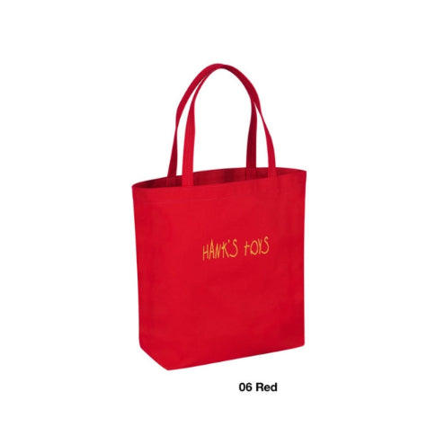 Red tote bag with 'Hawk's Toys' text on a white background
