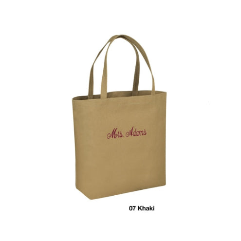 Khaki tote bag with 'Mrs. Adams' embroidery on a white background