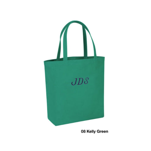 Green tote bag with 'JDS' text on a white background