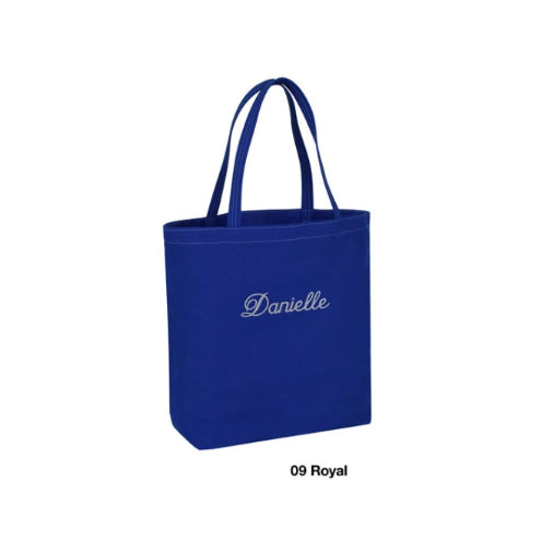 Blue tote bag with 'Danielle' embroidered on it against a white background