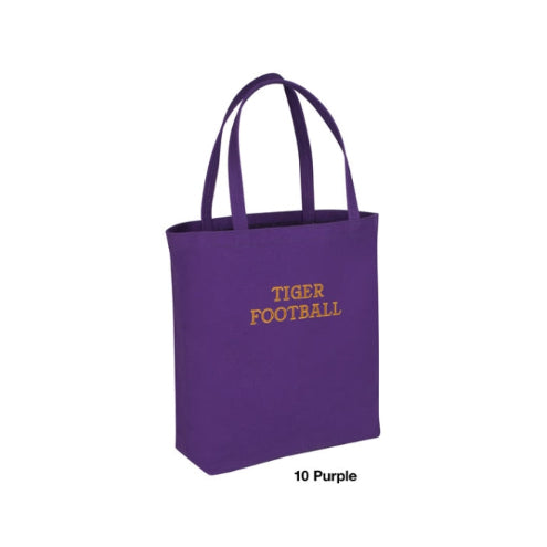 Purple tote bag with 'Tiger Football' text on a white background