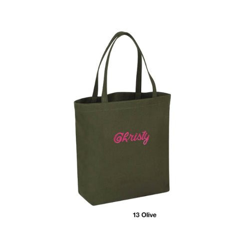 Green tote bag with 'Christy' logo on a white background