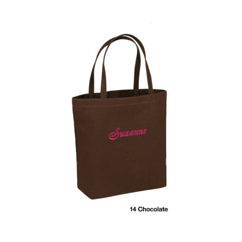 Brown tote bag with 'Suzanne' embroidered on it against a white background