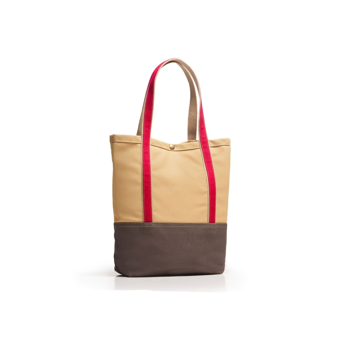 A canvas tote bag with a beige upper body, a dark brown bottom panel, and bright red handles, shown on a clean white background.