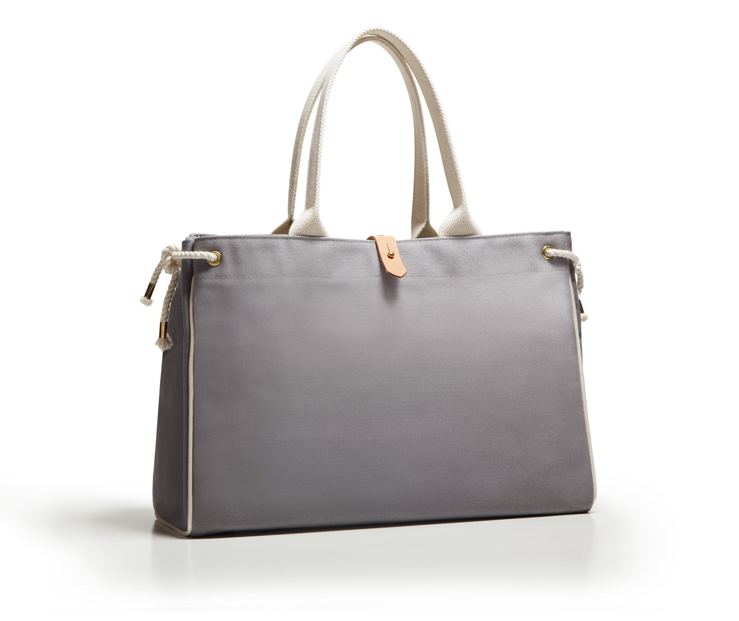 Gray handbag with white handles on a white background